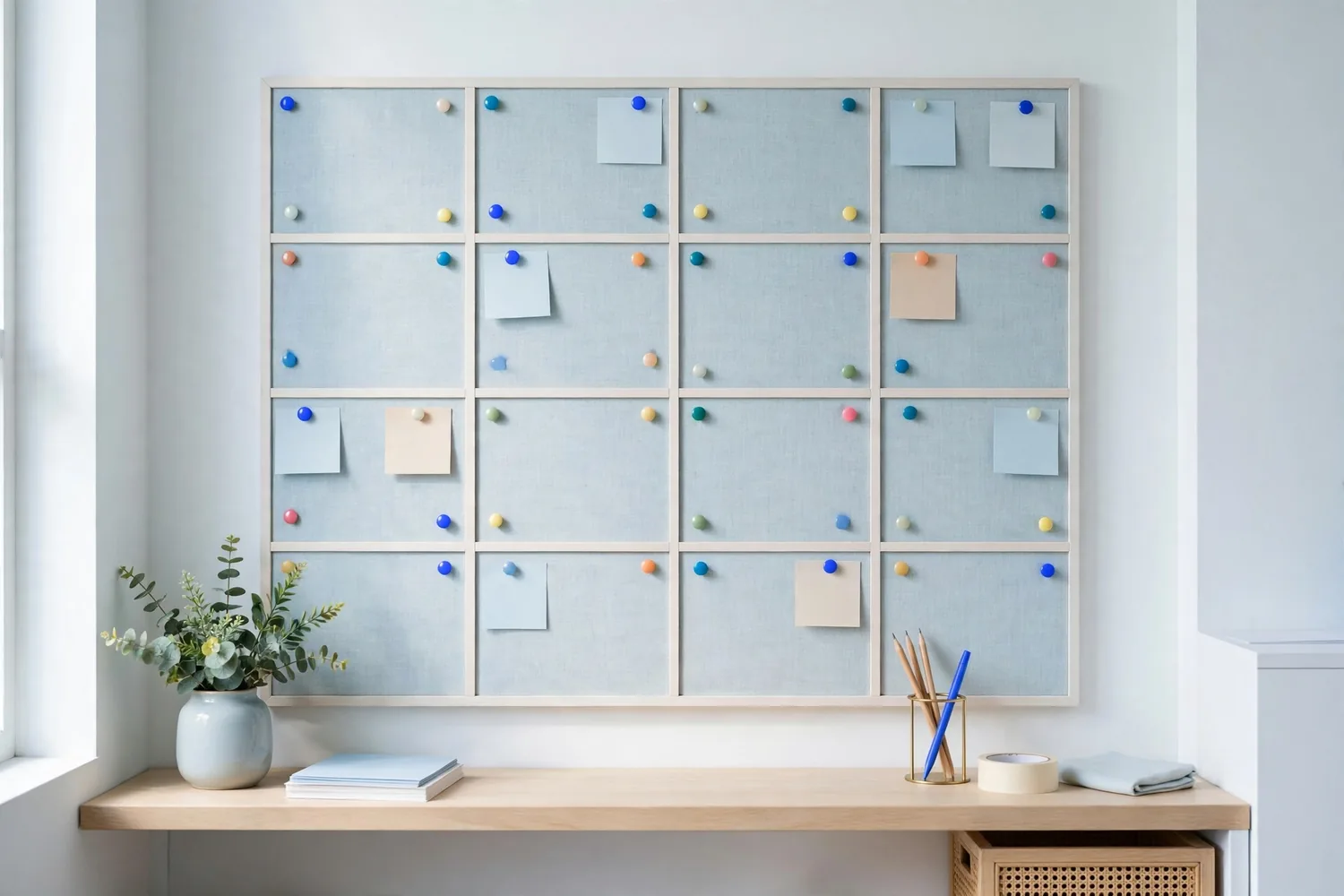 A wall planner with pins