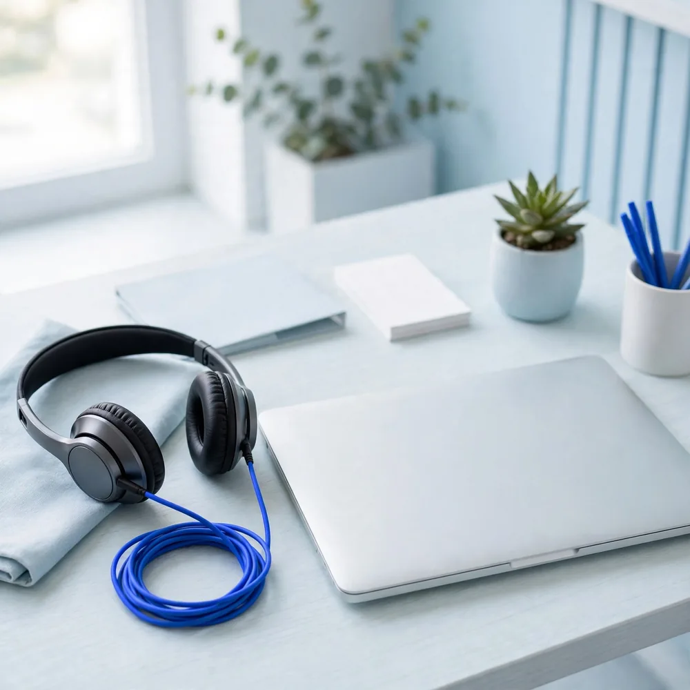 A headset beside a laptop