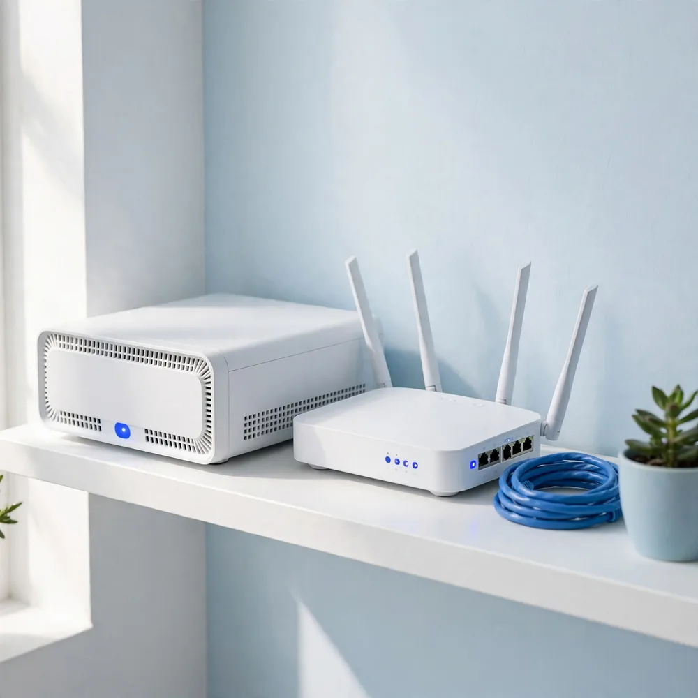 A storage box and a router on a shelf